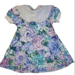Vintage 90s Floral Girls Easter Bib Dress Party Size 5 Watercolor Buttons Lace